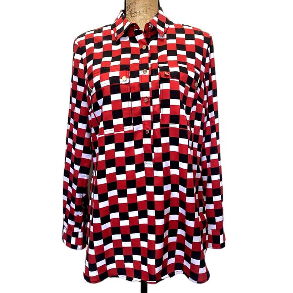 MICHAEL‎ Michael Kors Button Front Blouse Red Black White Checkered Size Medium - Picture 1 of 5